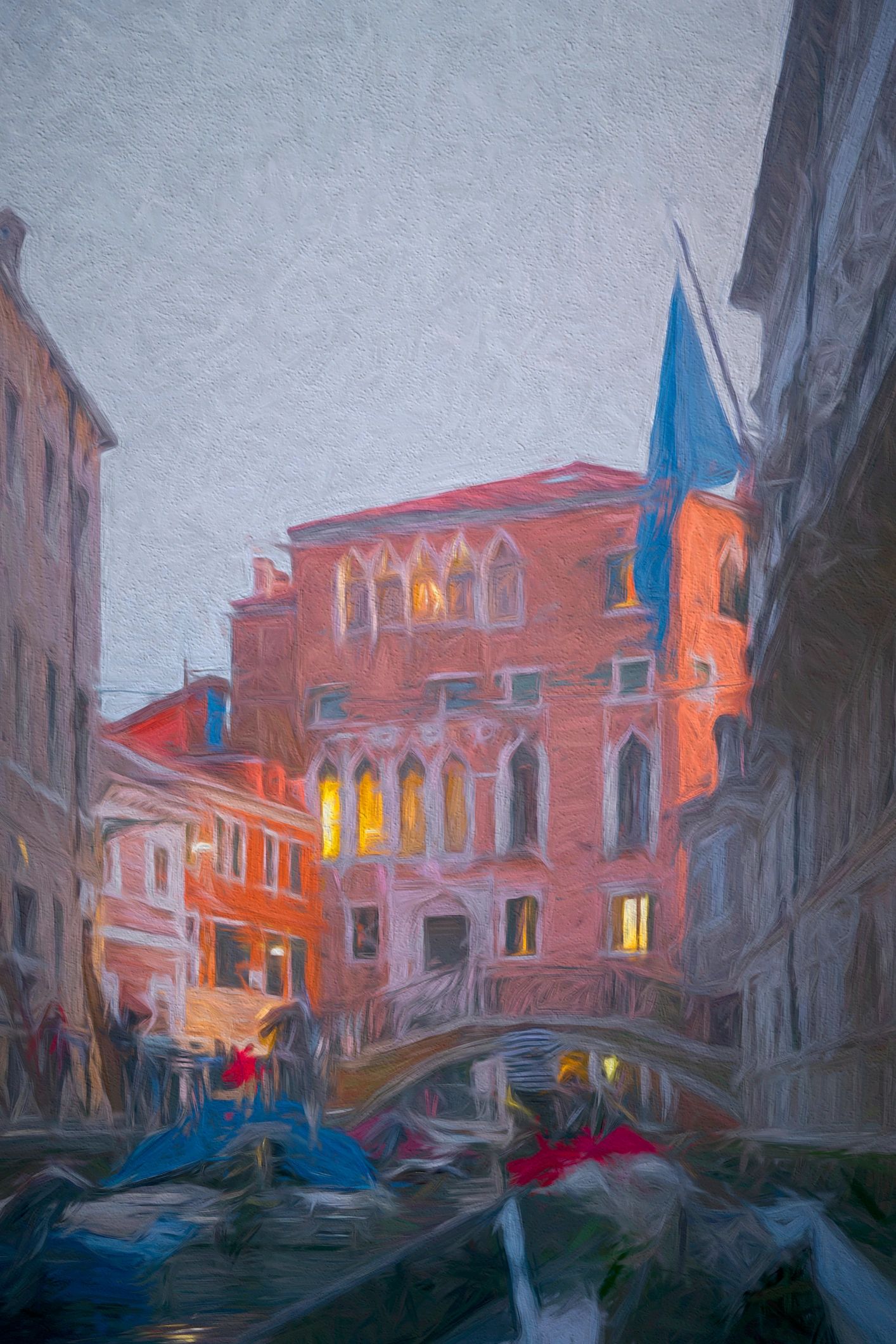 Watercolor-style gondola scene in Venice